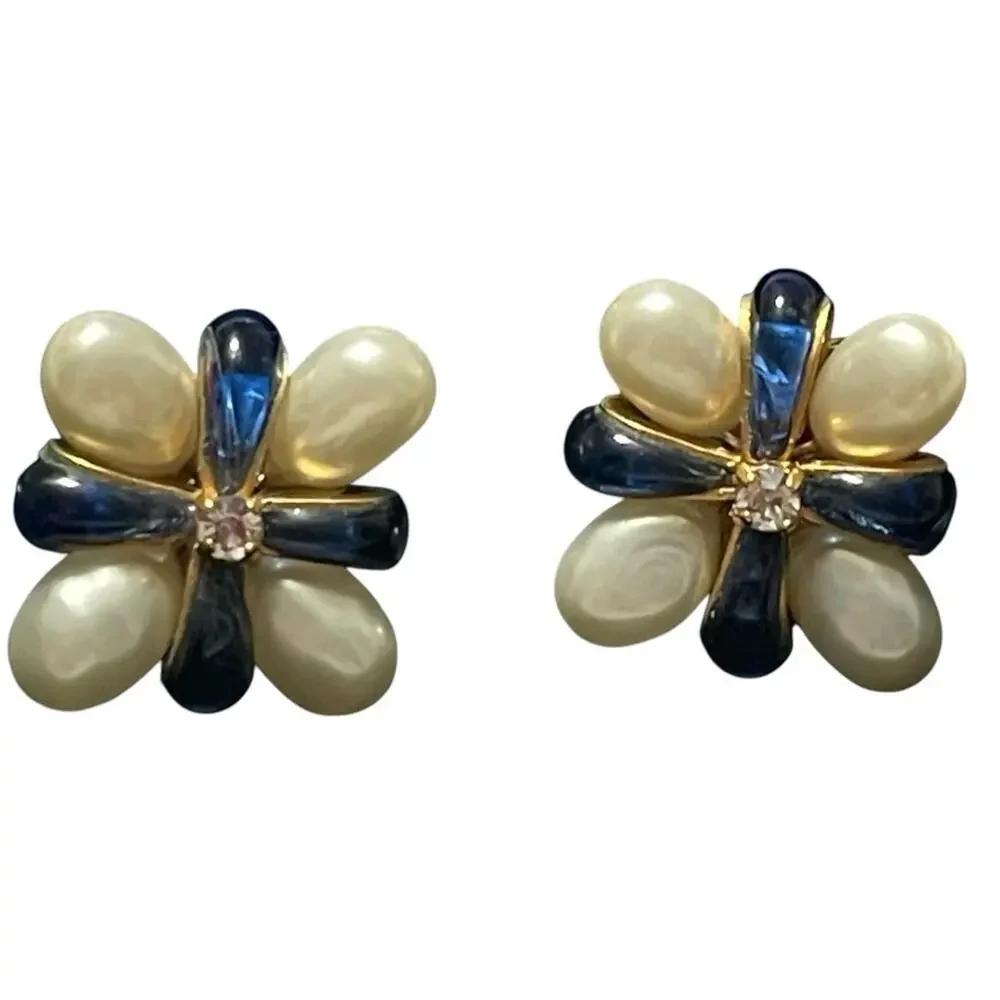 CHANEL Sapphire Gripoix, Pearl & Crystal CC Clip On Earrings Rare Vintage 1994